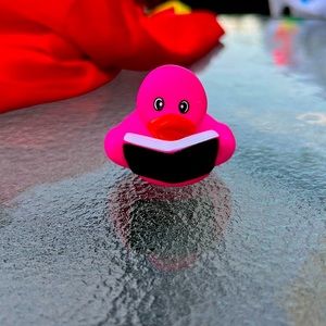 A rubber ducky, reading a book